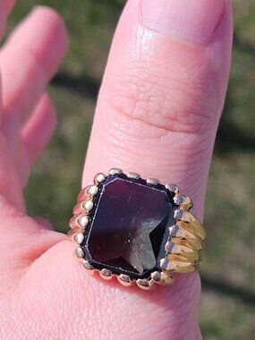 14K Solid Yellow Gold Green Quartz Signet Style Men's Ring Size 11